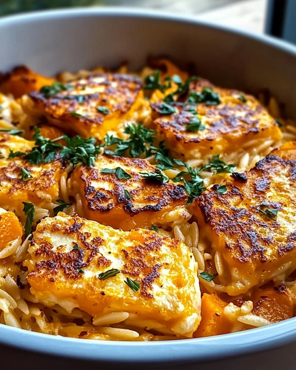 Butternut Squash and Halloumi Orzo Bake