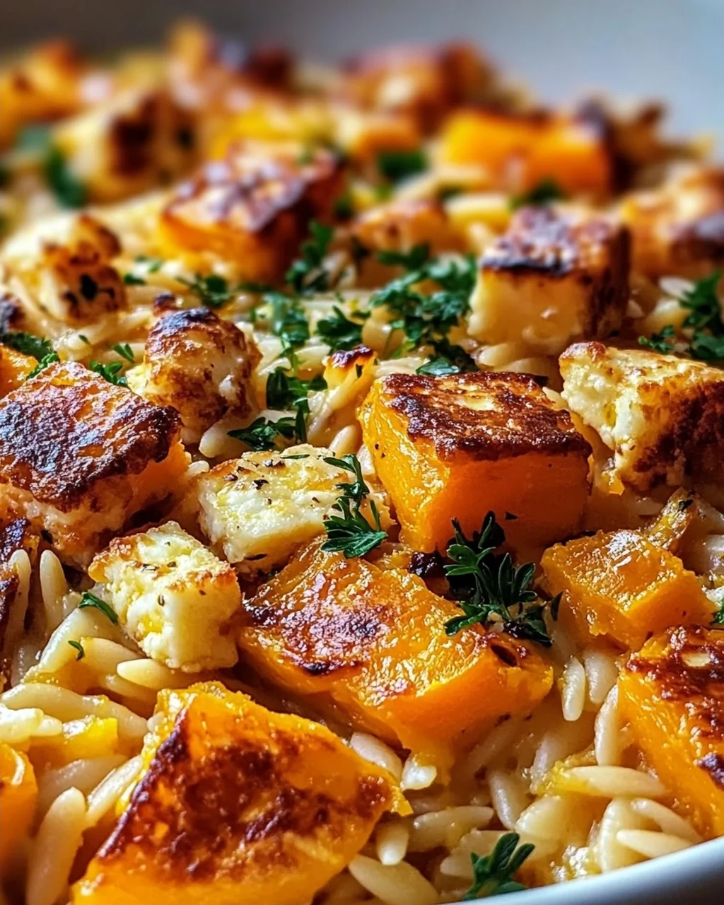 Butternut Squash and Halloumi Orzo Bake
