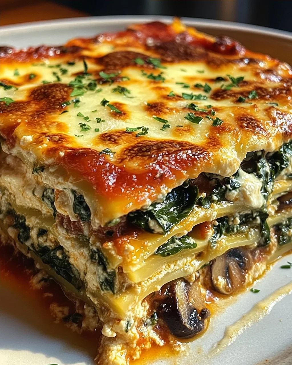 Cremige Spinat- und Pilzlasagne