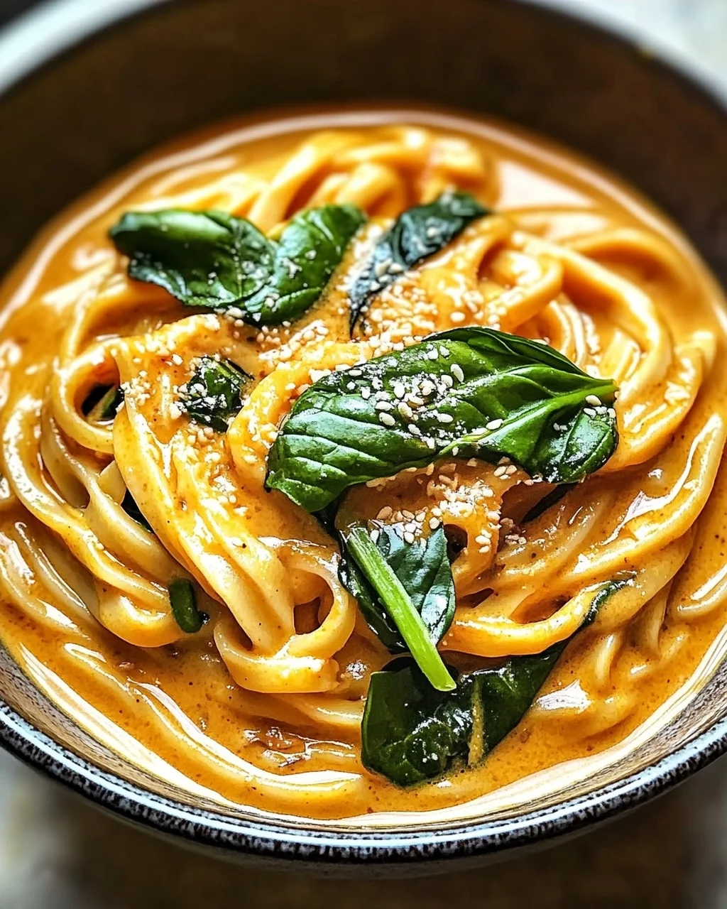Cremige thailändische rote Curry Udon-Nudeln schnell zubereitet
