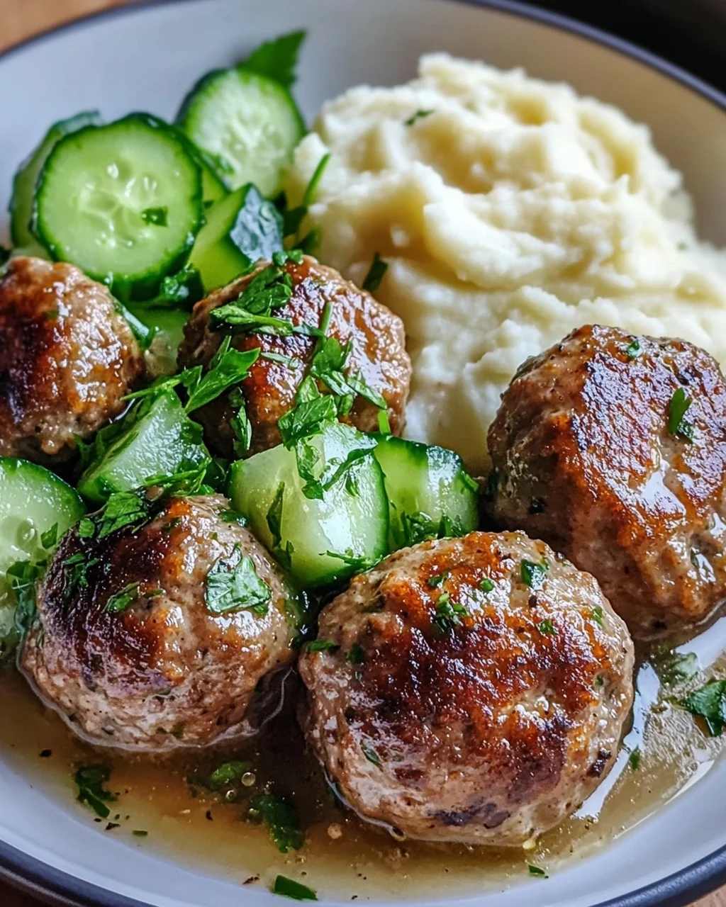 Fleischbällchen mit Gurkensalat und Kartoffelstampf