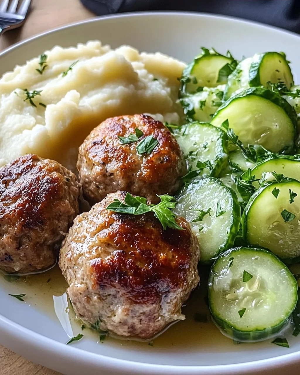 Fleischbällchen mit Gurkensalat und Kartoffelstampf