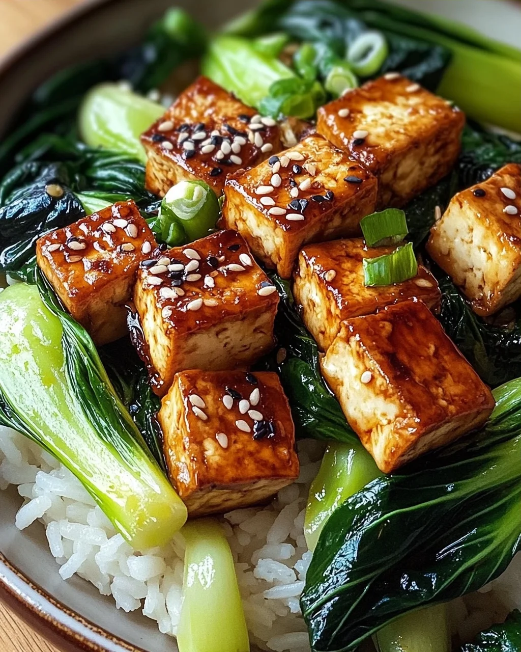 Gebratener Pak Choi mit knusprigem Tofu und Reis