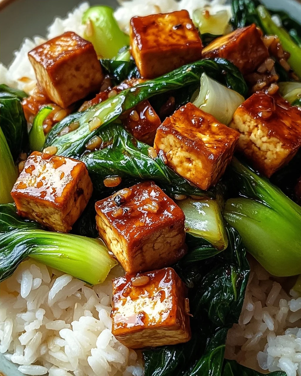 Gebratener Pak Choi mit knusprigem Tofu und Reis