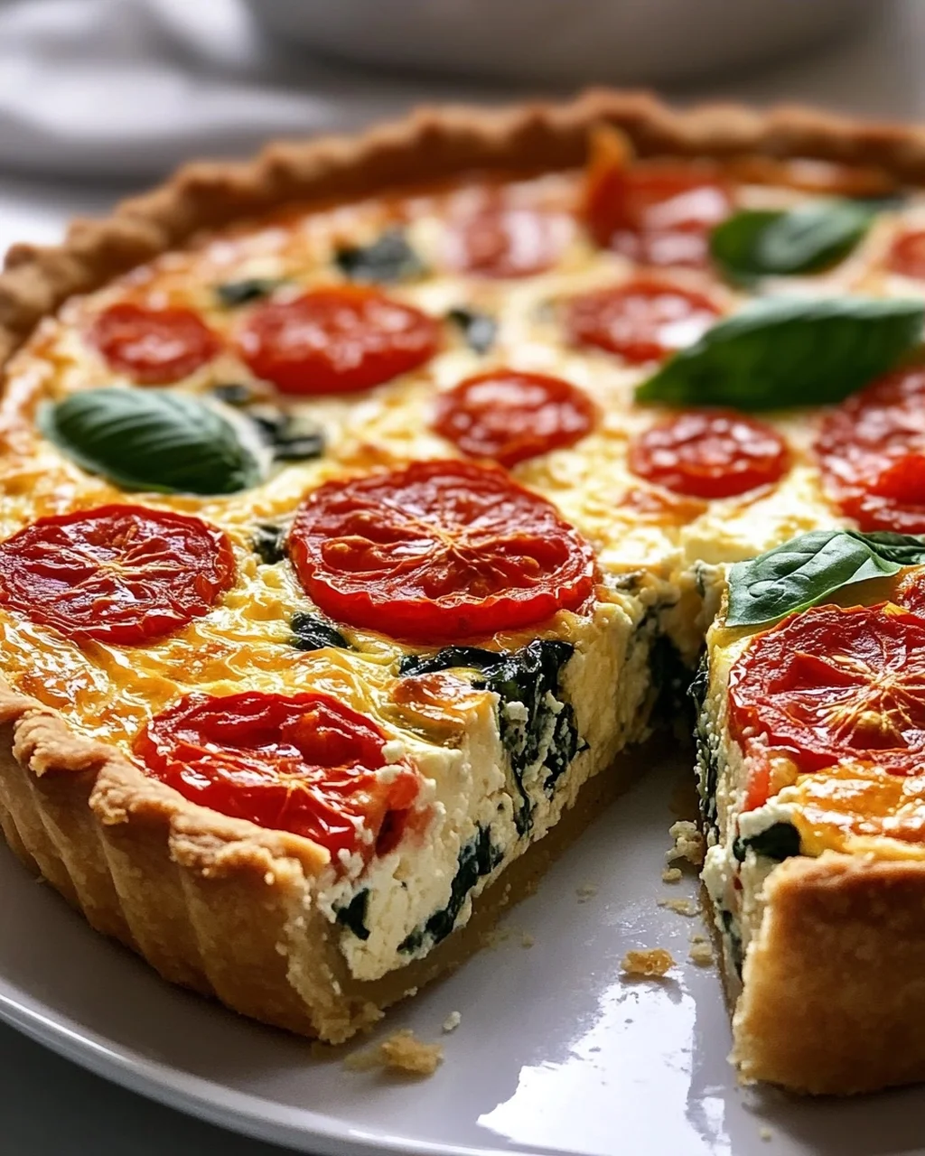Herzhafte Quiche: Tomate, Feta, Basilikum & Spinat