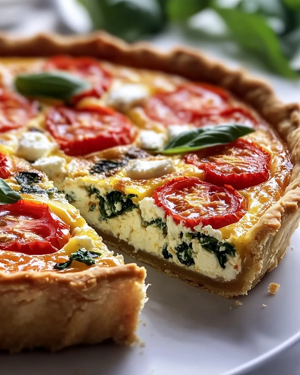 Herzhafte Quiche: Tomate, Feta, Basilikum & Spinat