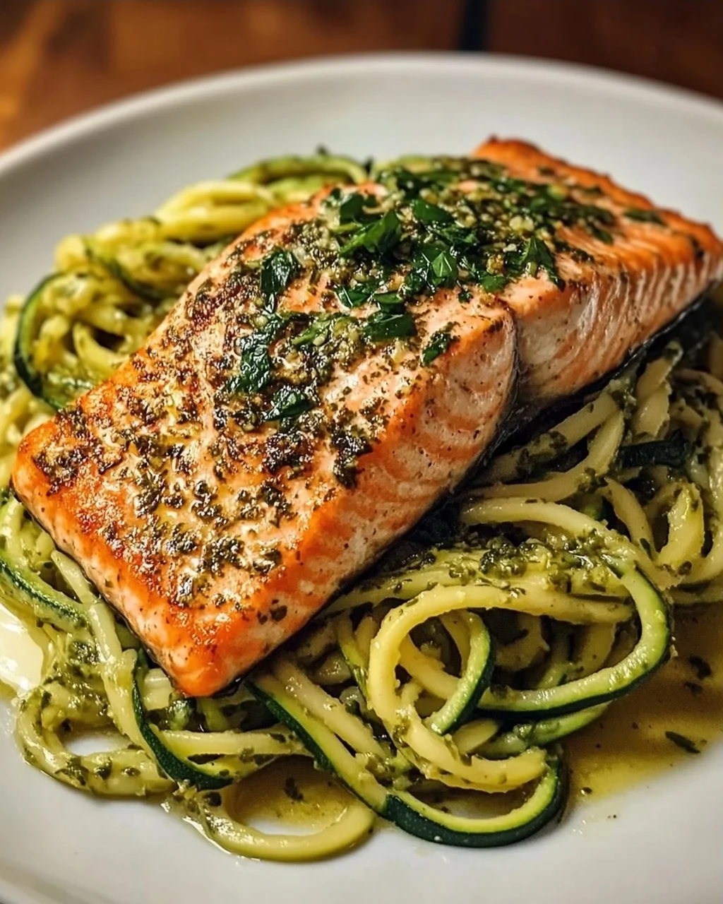 Kräuterlachs auf Zucchinipasta