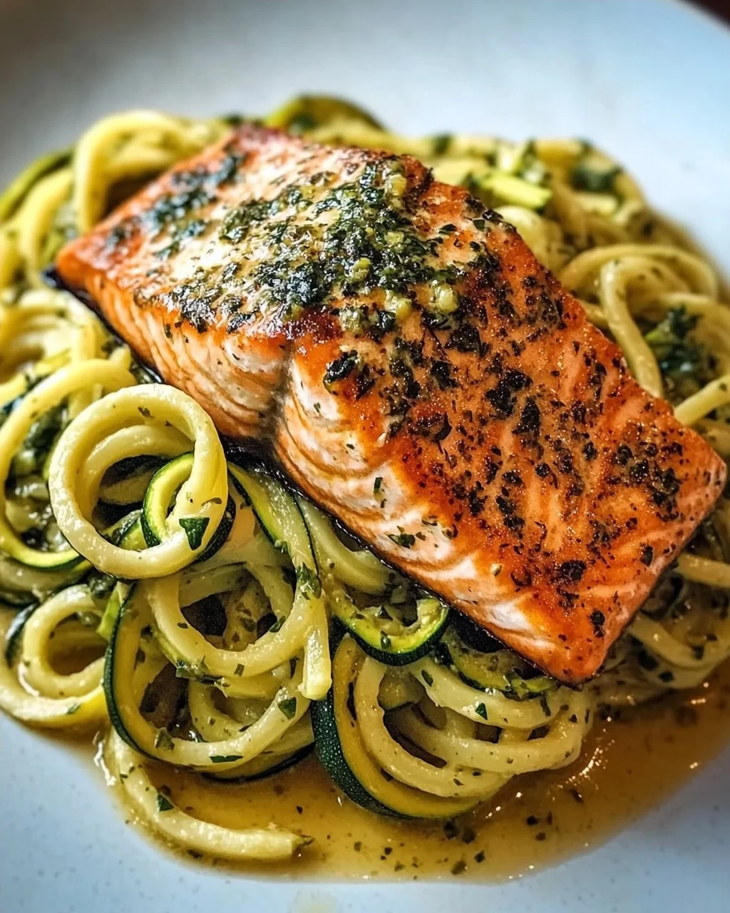 Kräuterlachs auf Zucchinipasta