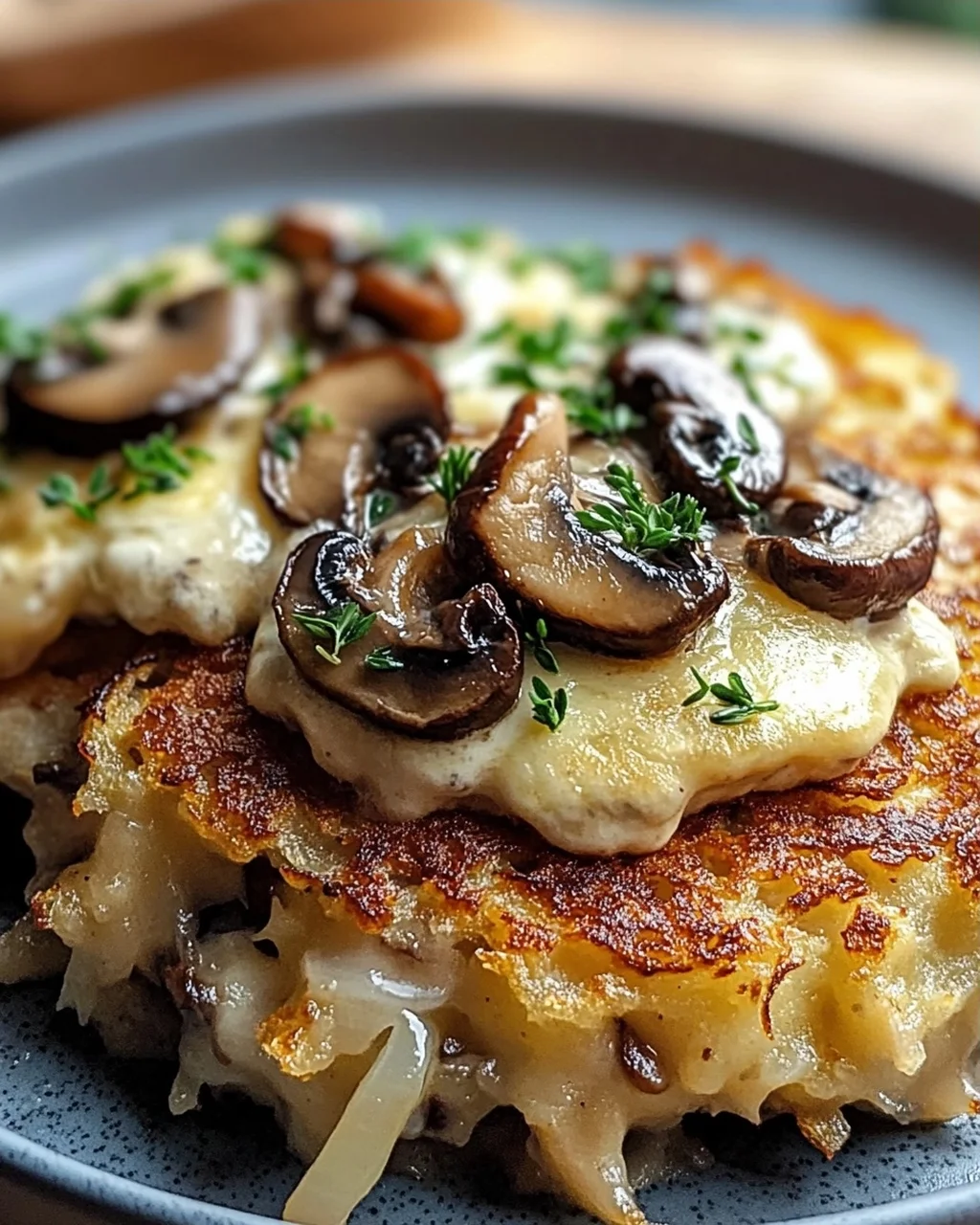 Mozzarella Rösti mit Zwiebel-Pilzrahmsoße