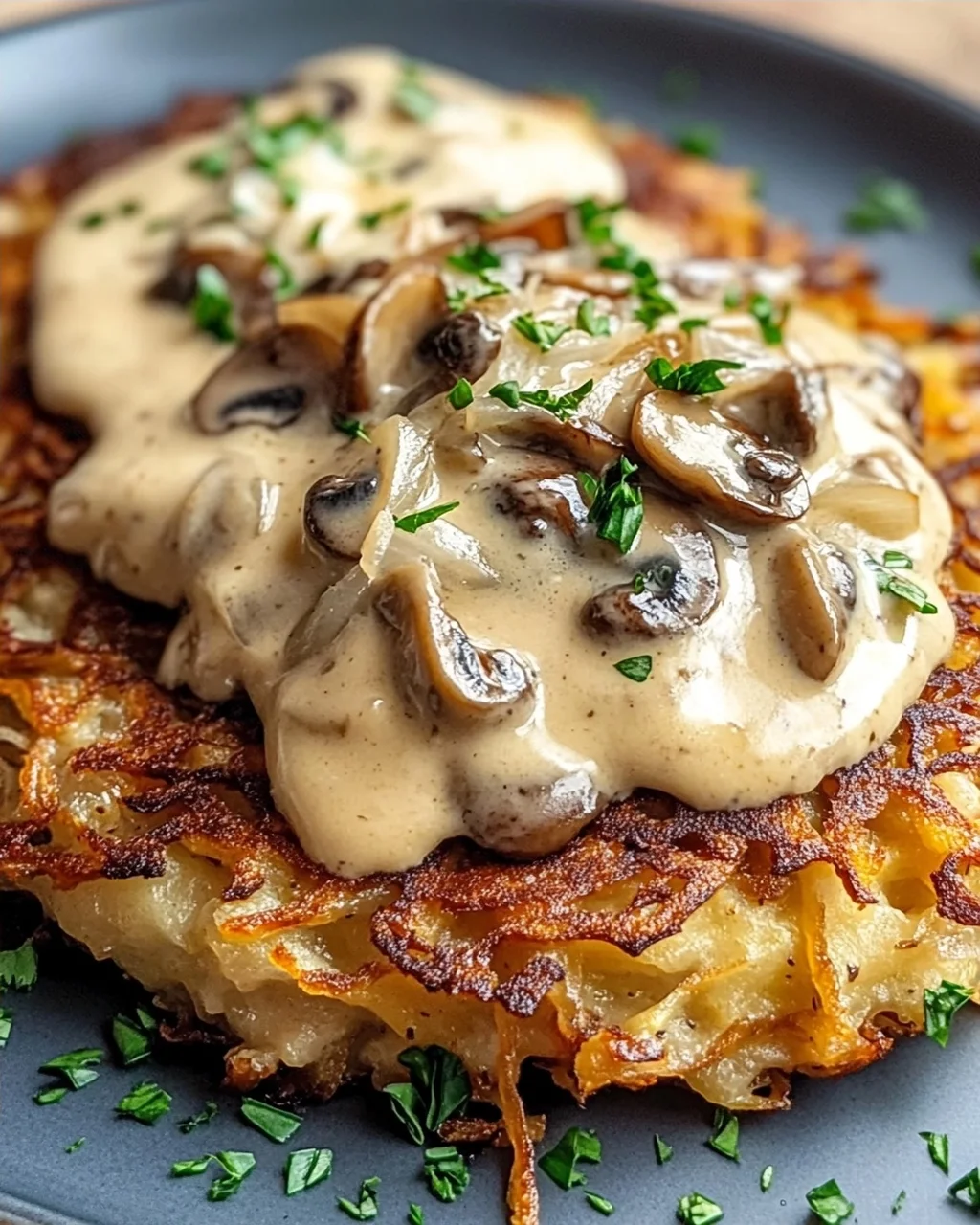 Mozzarella Rösti mit Zwiebel-Pilzrahmsoße