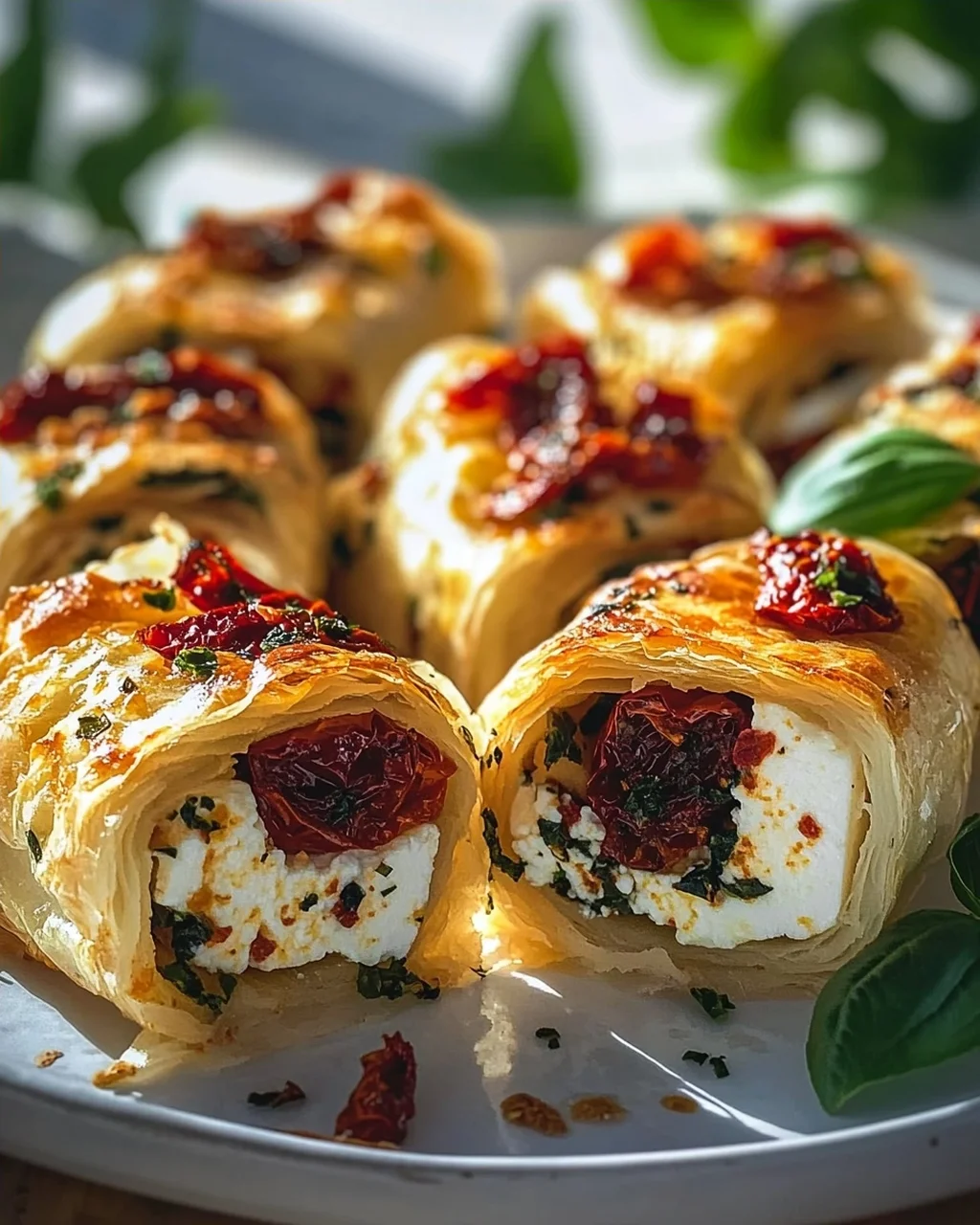Ofen Feta Röllchen mit getrockneten Tomaten und Basilikum Rezept