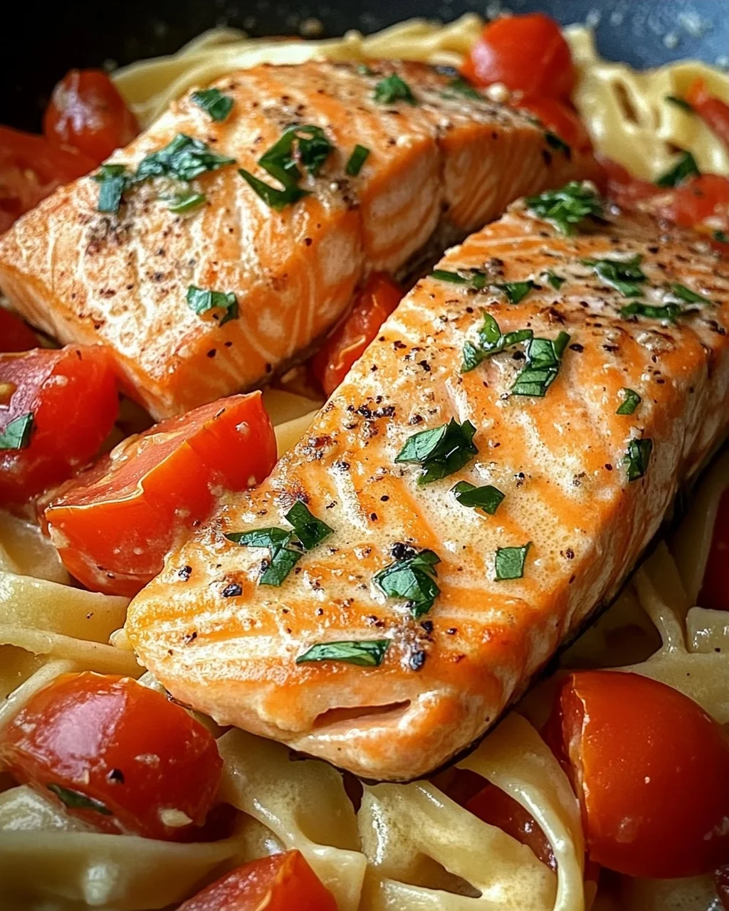 Ofen-Lachs-Pasta mit Tomaten