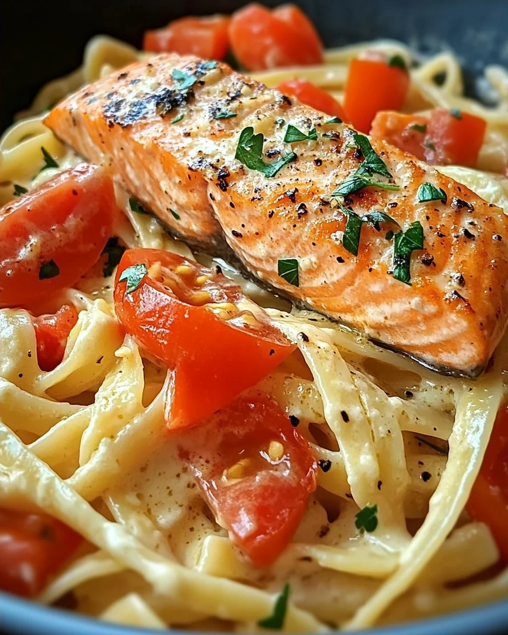 Ofen-Lachs-Pasta mit Tomaten