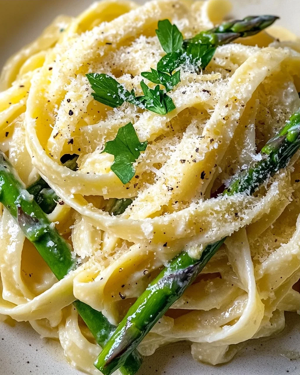 Pasta with Green Asparagus in Lemon Cream and Parmesan