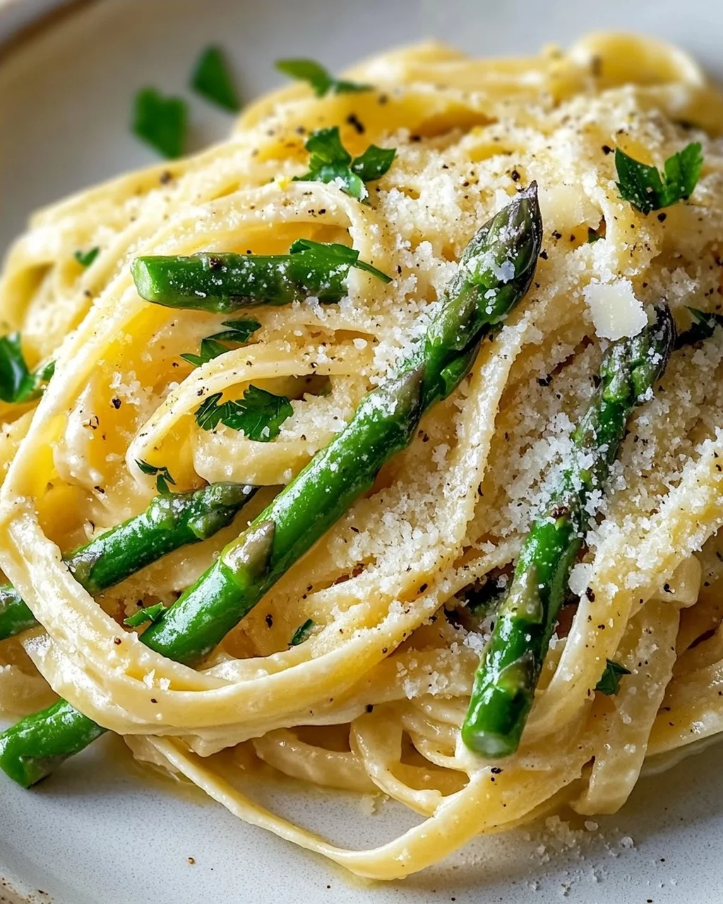 Pasta with Green Asparagus in Lemon Cream and Parmesan