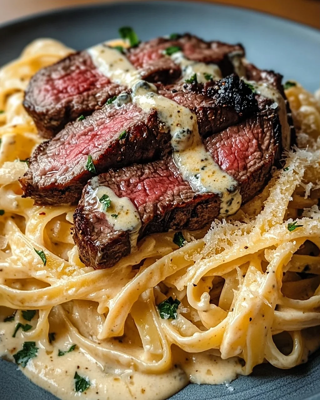 Pikantes Steak Gorgonzola Alfredo mit cremiger Parmesan-Soße