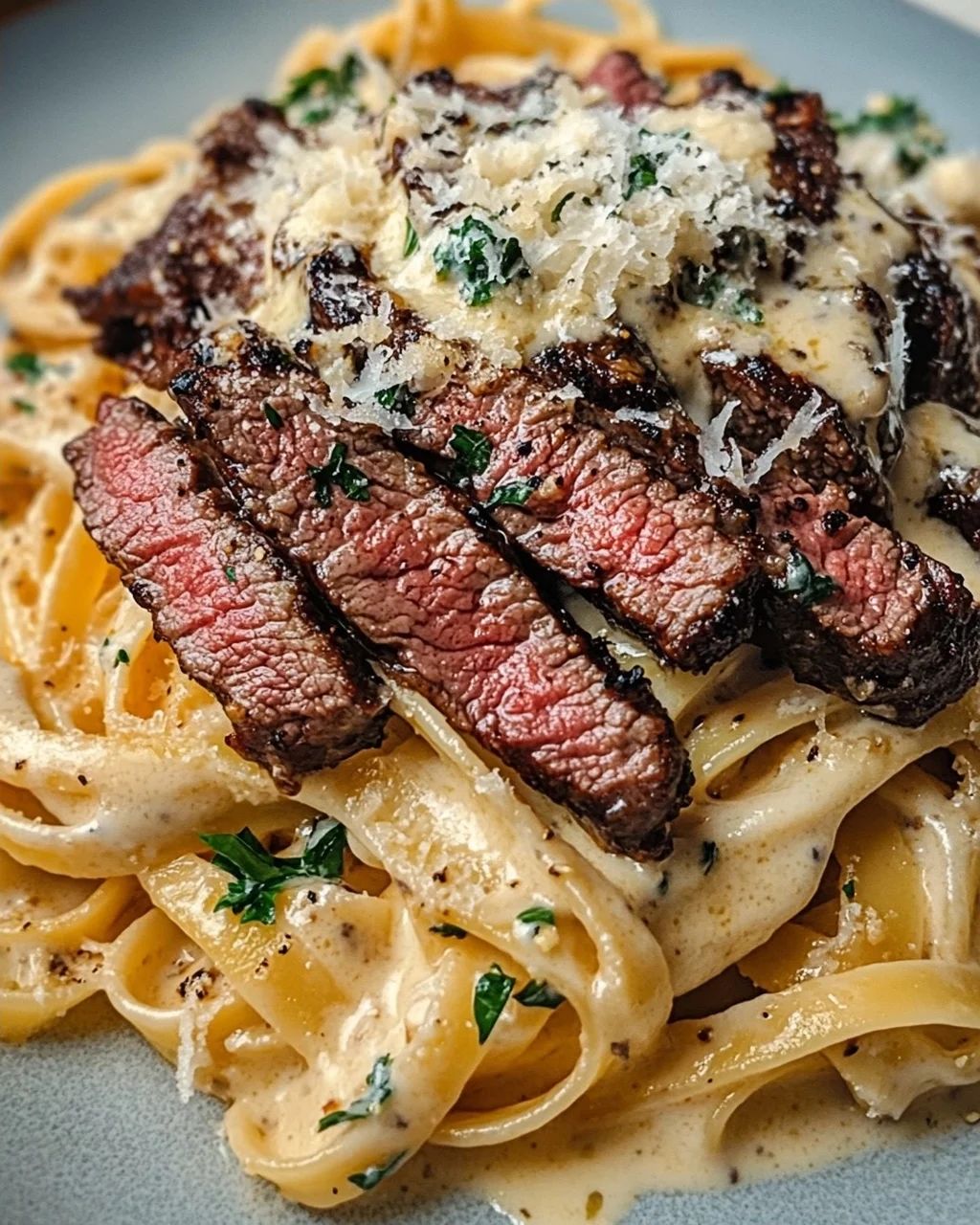 Pikantes Steak Gorgonzola Alfredo mit cremiger Parmesan-Soße