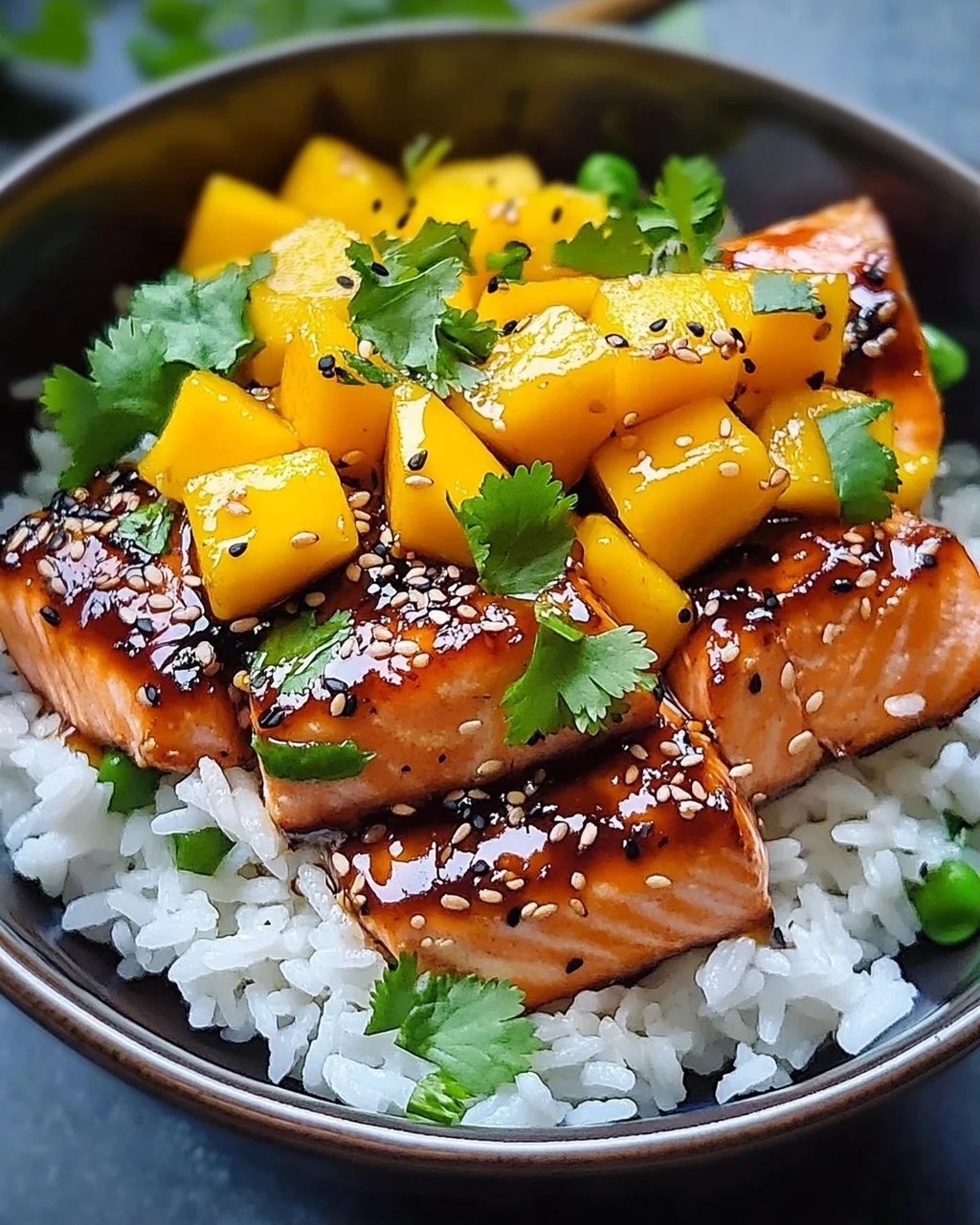 Teriyaki Lachs Reisschüssel mit Mango