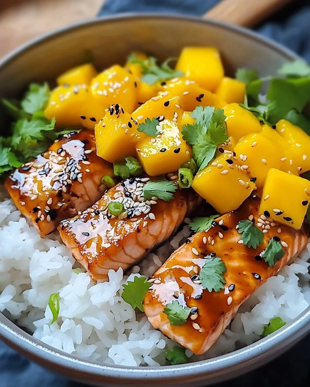 Teriyaki Lachs Reisschüssel mit Mango