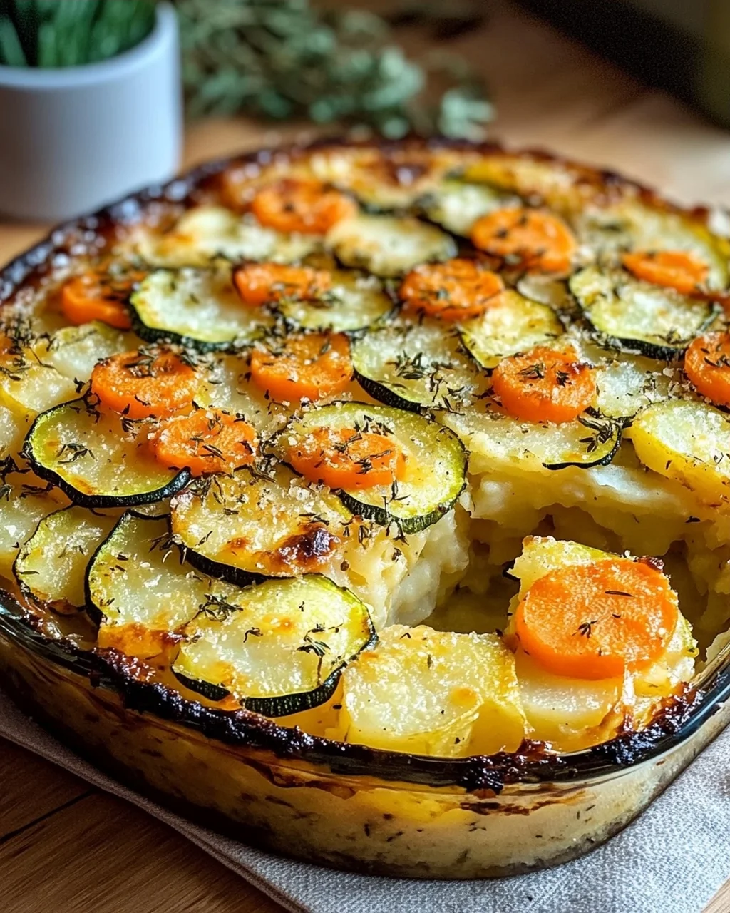 Vegetarischer Kartoffelauflauf mit Zucchini, Karotten und Zwiebeln
