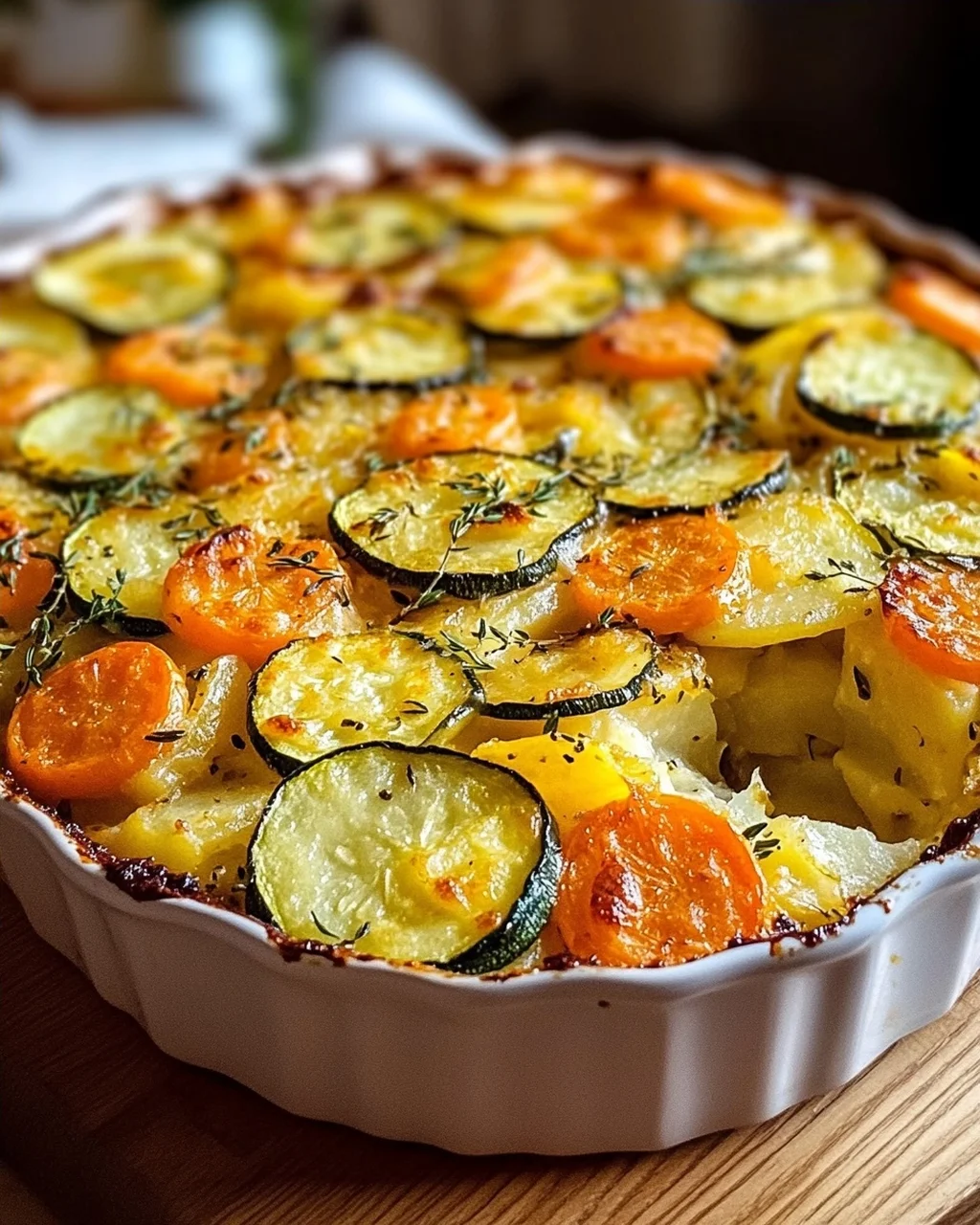 Vegetarischer Kartoffelauflauf mit Zucchini, Karotten und Zwiebeln
